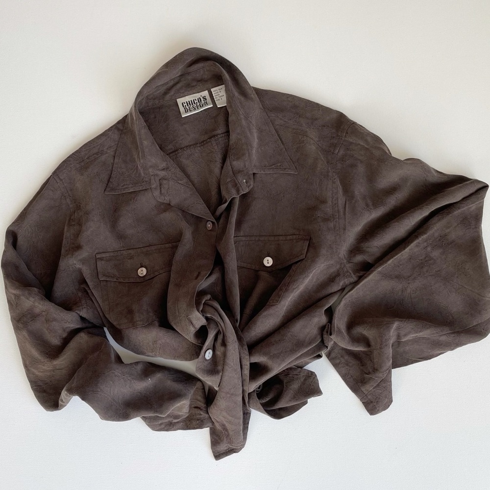 Vintage Silk Brown Button Down Collared Shirt